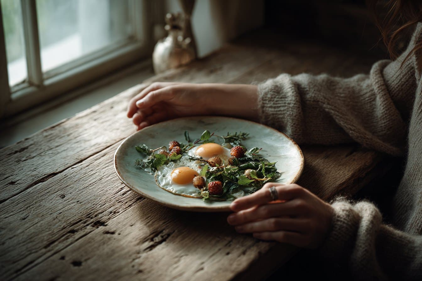 A plate of eggs, greens and berries on a worn wooden table, two hands resting beside it.
