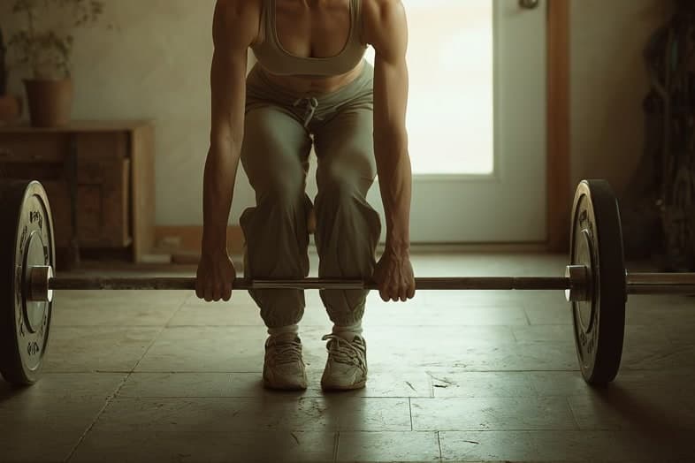 Hands gripping a loaded barbell in a garage, legs braced, bright light through the doorway behind.