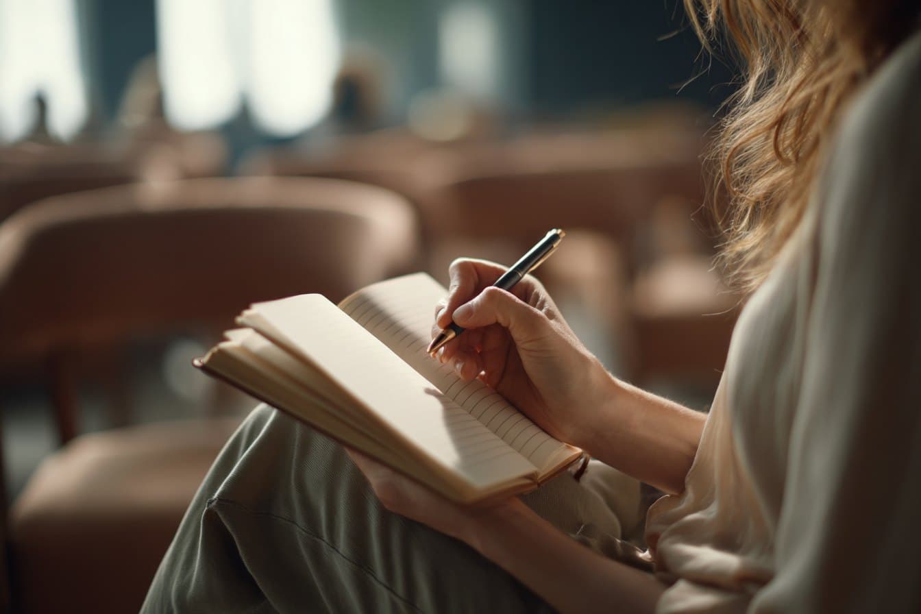A woman writing in an open notebook resting on her lap, seated in a room that is soft and out of focus behind her.
