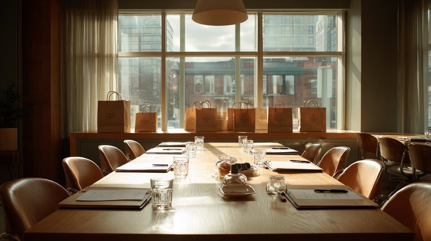 A conference room set up for a lunch talk, places laid along a long wooden table with water glasses and takeaway bags, warm light through a window wall.