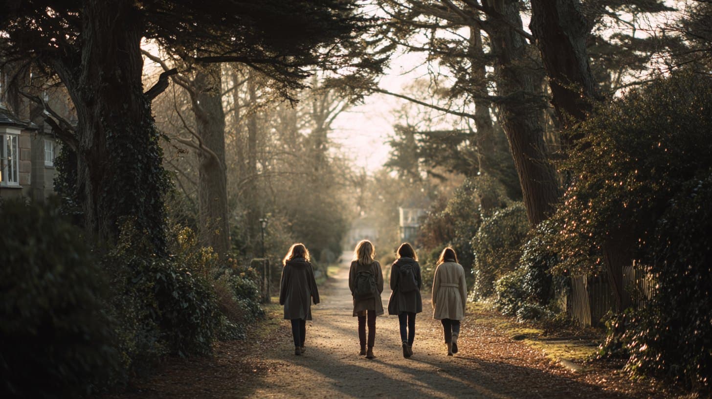 Four women walking away from the camera along a tree lined path in morning light.