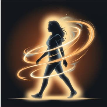 A confident woman walking outdoors with energy waves symbolizing vitality and fat burning around her.