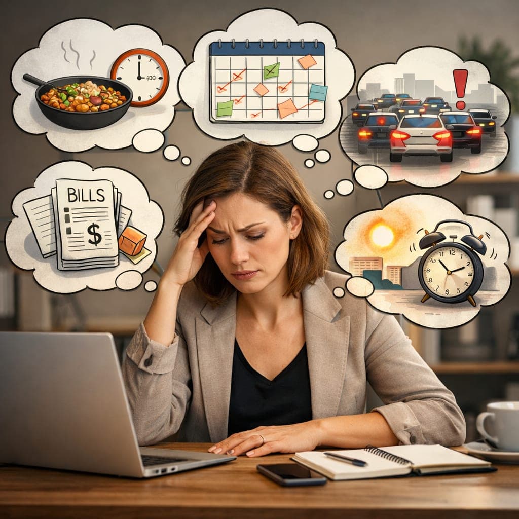 Professional woman sitting at a desk overwhelmed with mental load, thinking about dinner, traffic, bills, and calendar responsibilities representing chronic stress and metabolic health