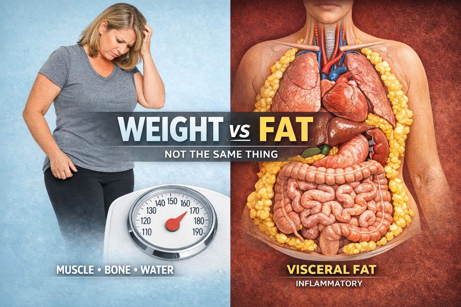 Comparison of weight loss vs fat loss showing bathroom scale on one side and visceral fat around organs on the other.