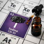 Close-up image of the iodine element highlighted on a periodic table, with a small pile of iodine crystals and a dropper bottle containing liquid iodine.