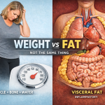 Comparison of weight loss vs fat loss showing bathroom scale on one side and visceral fat around organs on the other.