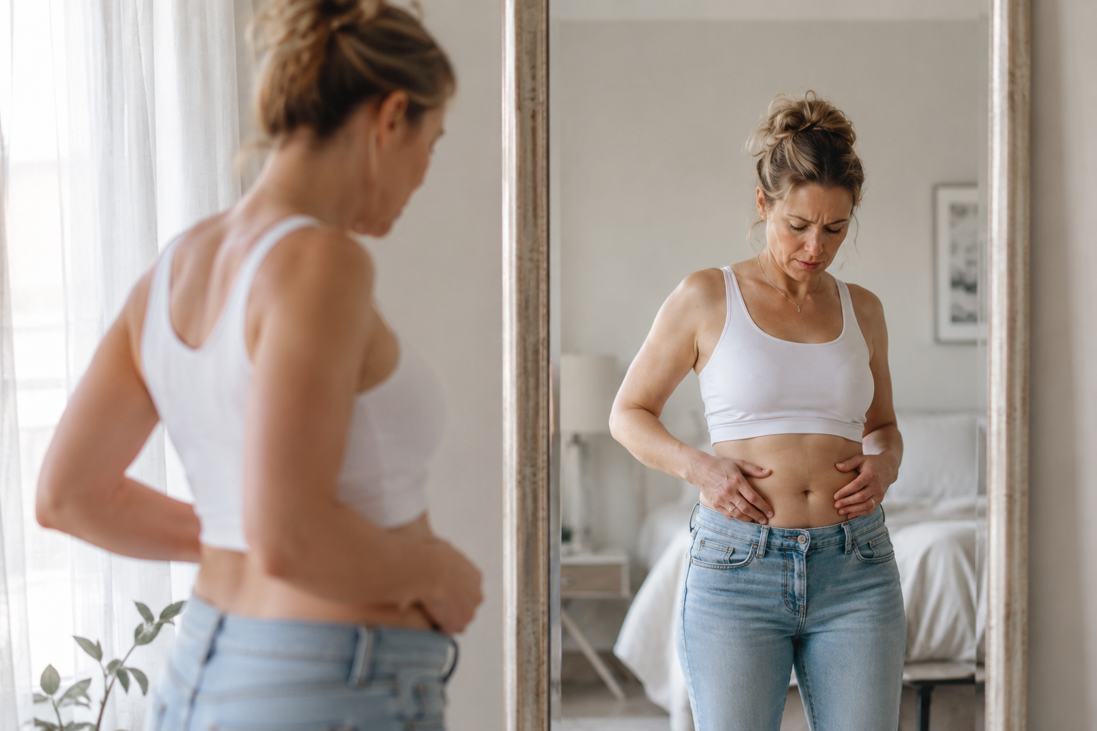 Woman over 40 noticing belly fat and weight gain around stomach during perimenopause
