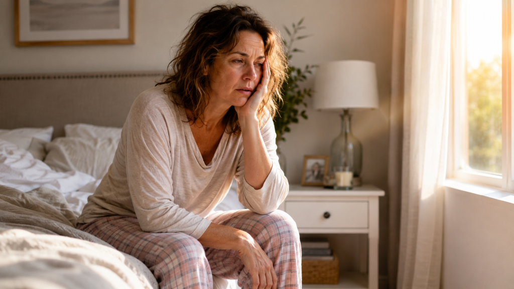 Woman waking up tired after 8 hours of sleep, sitting on the edge of her bed in morning light.