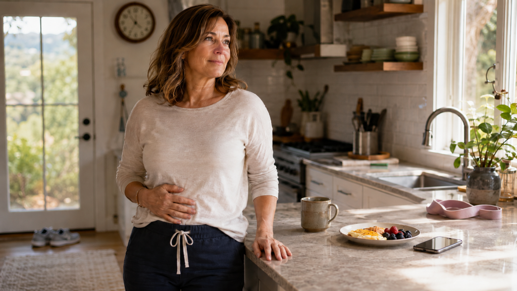Woman over 40 standing in morning kitchen light with healthy breakfast, phone, and walking shoes representing belly fat and metabolism signals.