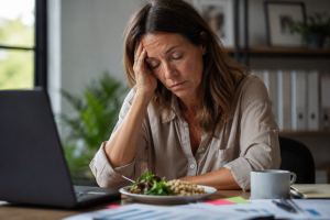 Woman experiencing an afternoon energy crash after eating lunch