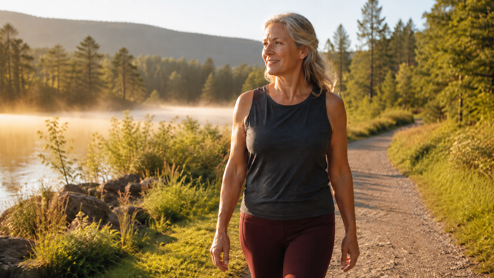 Woman walking in morning sunlight with light weights for osteoporosis and bone health.