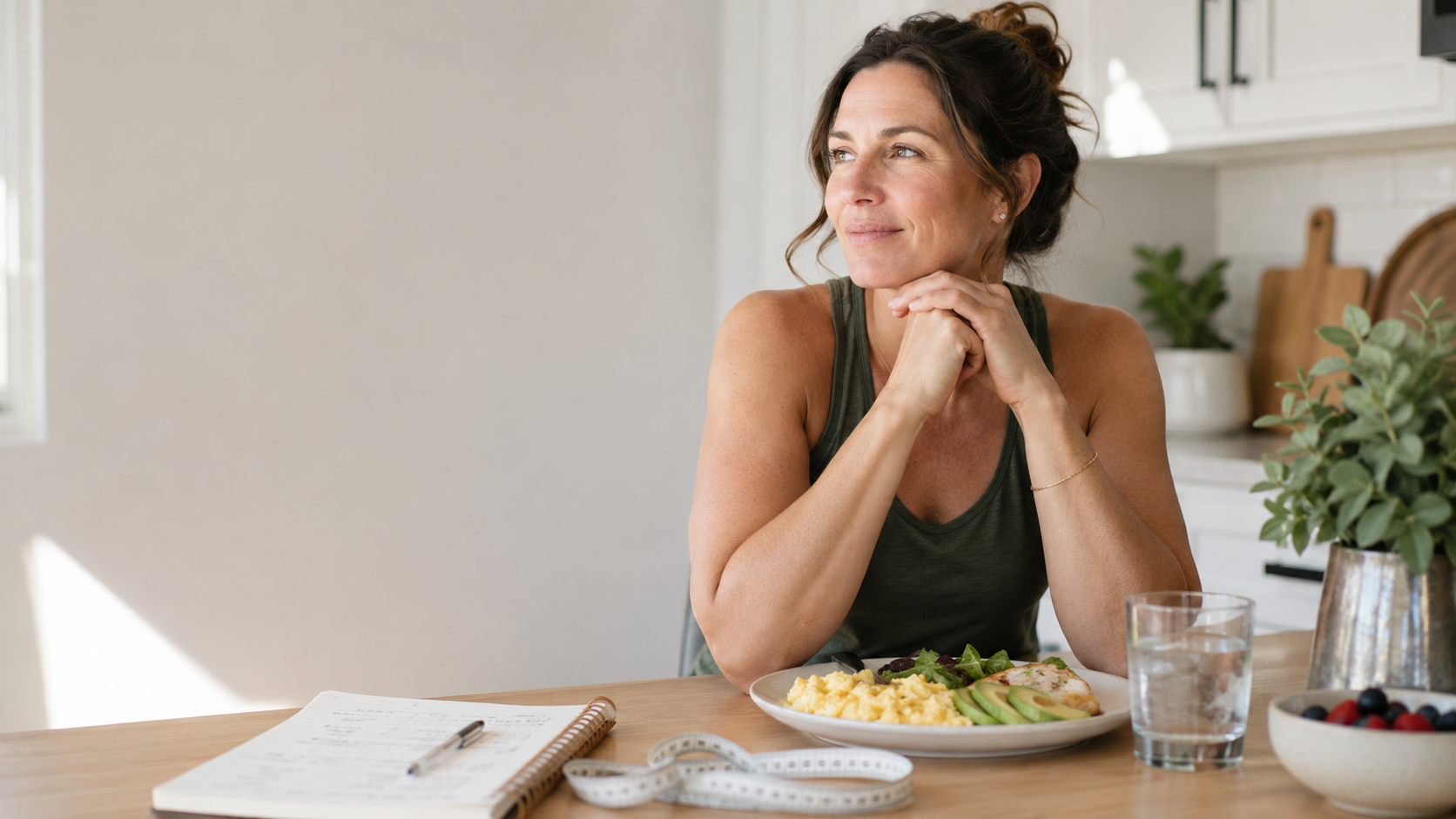 Woman in a sunlit kitchen with a protein-rich breakfast, representing the metabolic factors underlying PCOS symptoms.